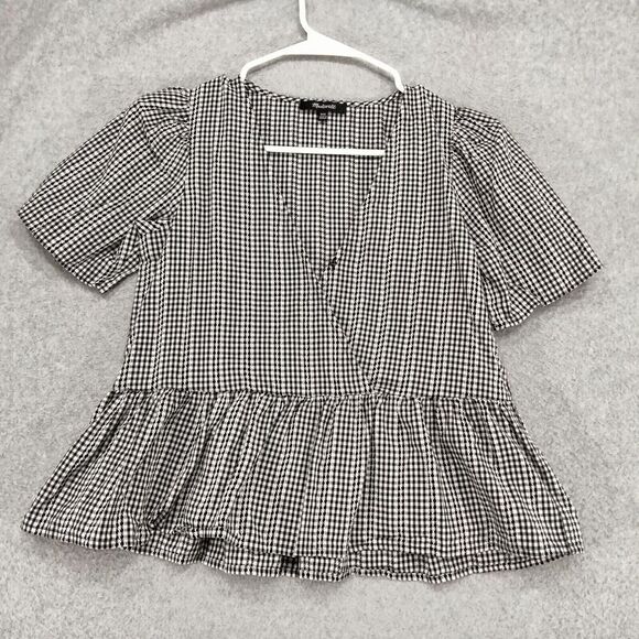 Madewell Crossover Peplum Top Wmns Sz XXS Black White Gingham Peplum Shrt Sleeve - Picture 1 of 12